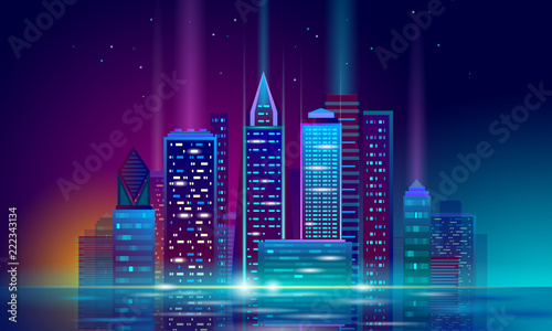 Smart city 3D neon glowing cityscape. Intelligent building automation night futuristic business concept. Web online vivid color cyberpunk retrowave. Urban technology banner vector illustration