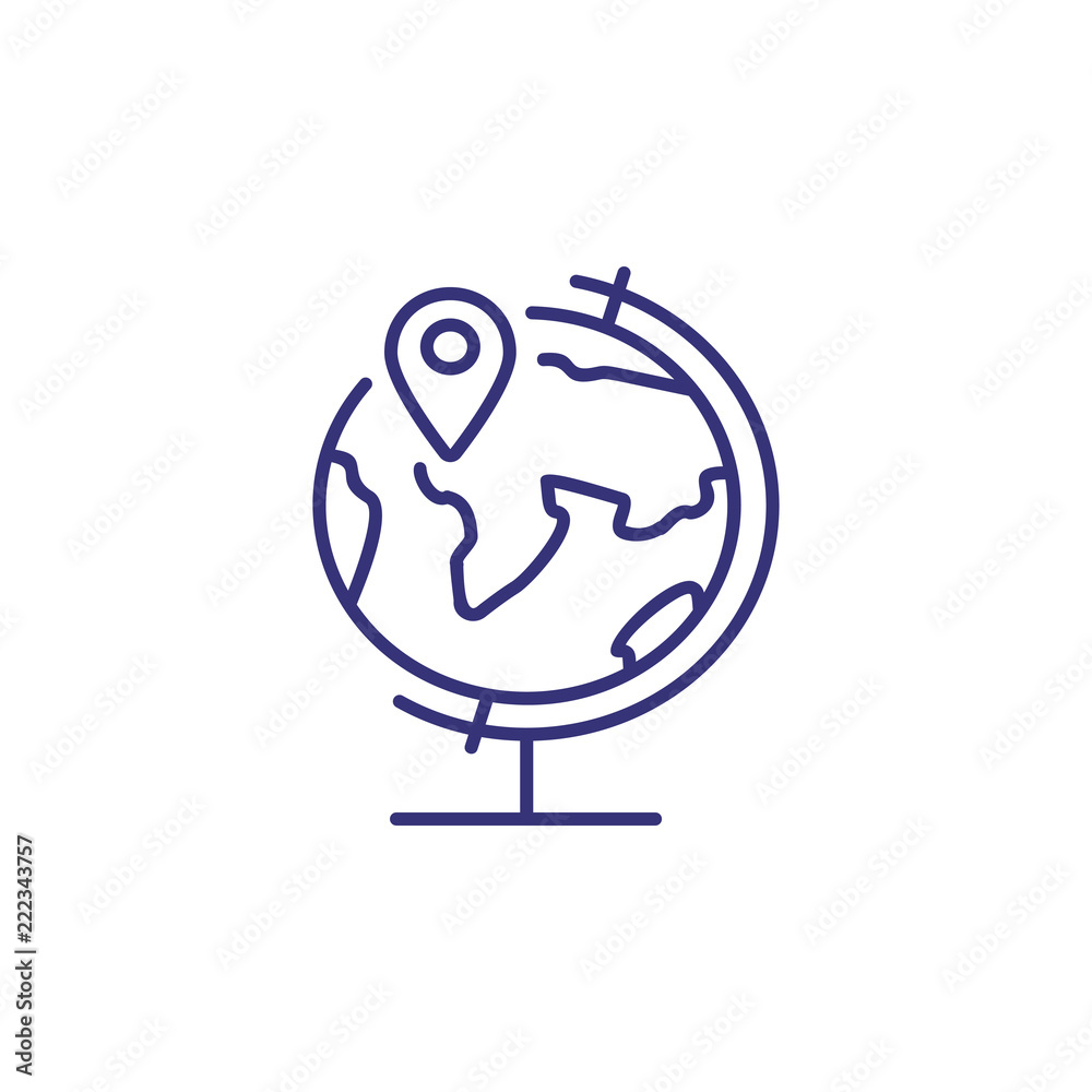 Globe with map pointer line icon. Adventure, direction, place. Education concept. Vector illustration can be used for topics like location, geography, travel Globe with map pointer line icon. Adventure, direction, place. Education concept. Vector illustration can be used for topics like location, geography, travel
