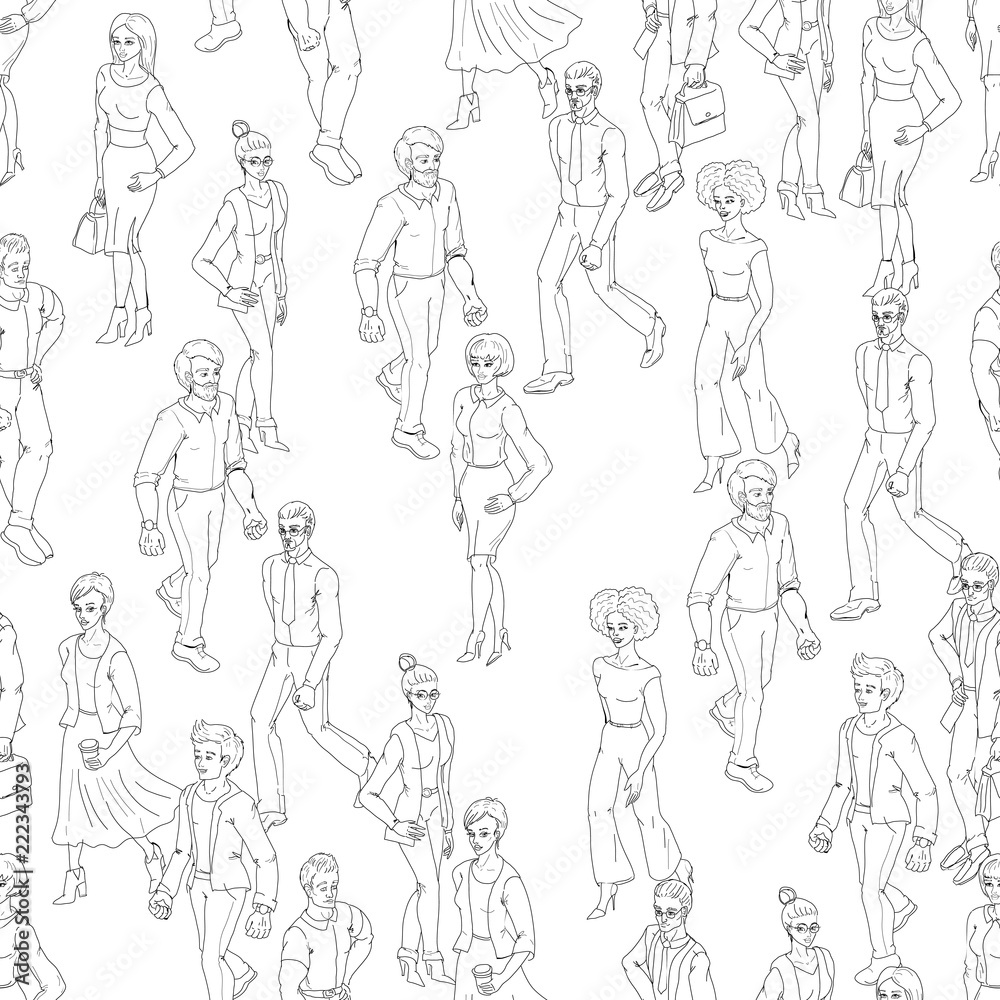 Seamless pattern with business people walking. Sketch black and white outline style illustration with men and woman. Casual street fashion vector.