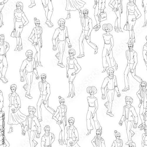 Seamless pattern with business people walking. Sketch black and white outline style illustration with men and woman. Casual street fashion vector.