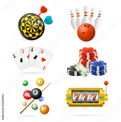 Realistic Detailed 3d Casino Sport and Leisure Games Icon Set. Vector