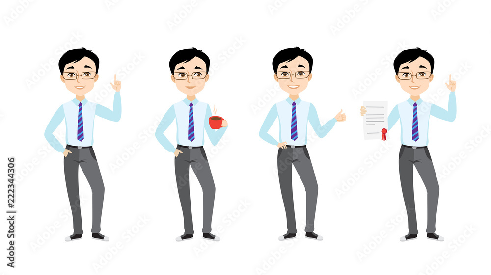 Businessman icon set. Young manager showing attention gesture, thumb up, drinking coffee, holding contract. Business concept. Vector illustration can be used for topics like occupation, job, success Businessman icon set. Young manager showing attention gesture, thumb up, drinking coffee, holding contract. Business concept. Vector illustration can be used for topics like occupation, job, success