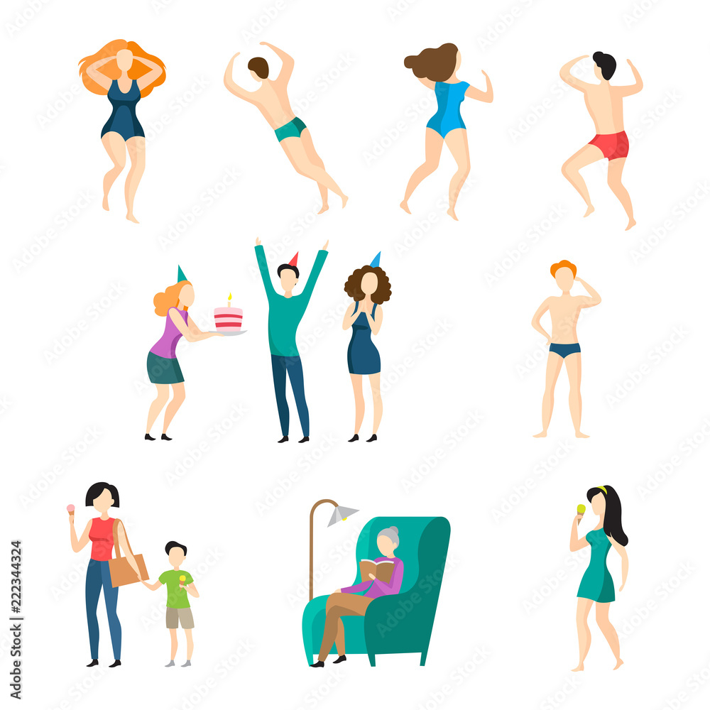Fototapeta premium People icon set. Swimming, celebrating birthday, walking, reading, eating ice cream. Lifestyle concept. Vector illustration can be used for topics like activity, leisure, wellbeing