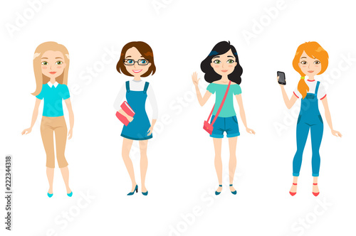 Modern young girls icon set. Set of vector illustrations on white background. Student, teenager, businesswoman. Woman concept. Illustration can be used for topics like fashion, lifestyle, beauty