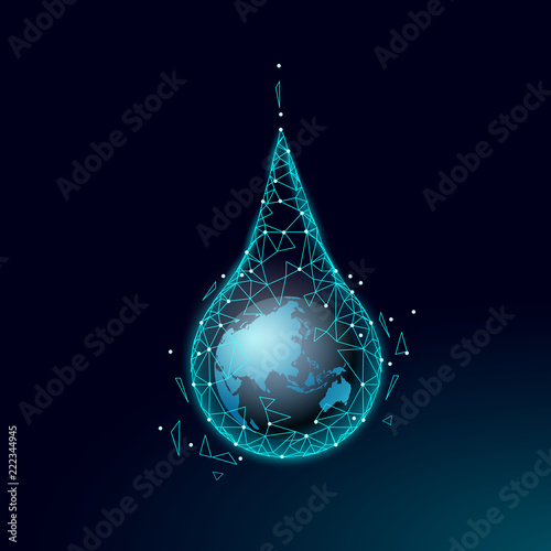 Save water low poly concept. Polygonal triangle ecology planet ocean sea safety banner. Water drop leak fix nature global environment care world day vector illustration
