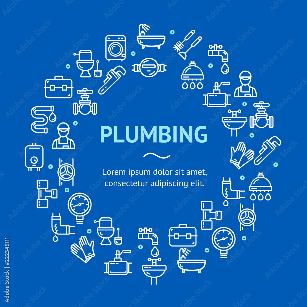 Plumbing Signs Round Design Template Thin Line Icon Concept. Vector Plumbing Signs Round Design Template Thin Line Icon Concept. Vector