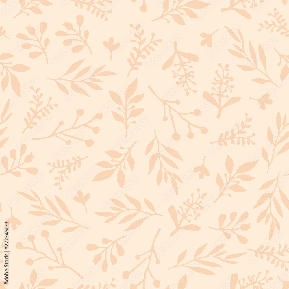 Fototapeta premium Foliage seamless vector background. Beige leaves background. Limited color palette. Abstract nature leaf pattern. Autumn fall Doodle leaf print. Thanksgiving, Seasonal fabric, November, card, paper