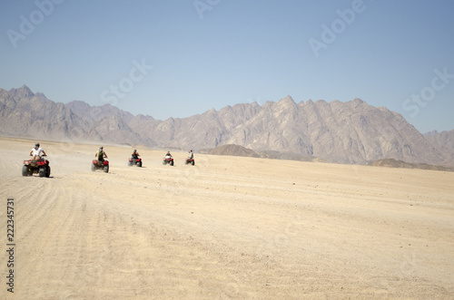 a group of people on quad bikes in the desert