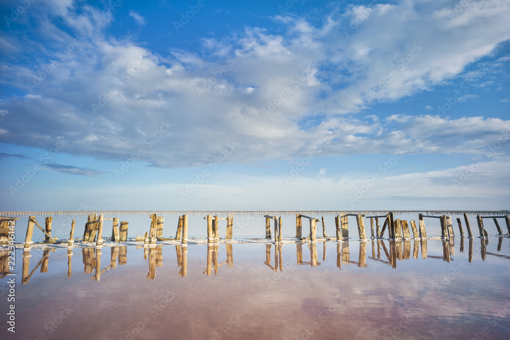 clouds in the sky above pink salt lake and old wooden columns in water in Ukraine