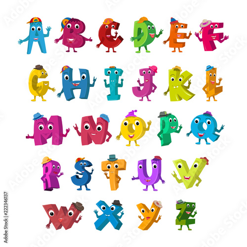 ABC Funny Alphabet Characters. Alive Letters with hats design color set.