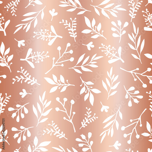 Copper foil leaves elegant seamless vector background. Simple abstract white leaf on metallic rose gold foil texture, endless foliage pattern. Paper, web banner, cards, wedding, celebration, invite