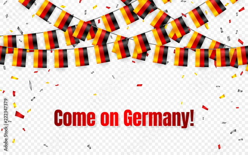 Germany flags garland on transparent background with confetti. Hang bunting for German independence Day celebration template banner, Vector illustration