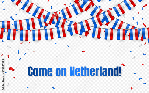 Netherland flags garland on transparent background with confetti. Hang bunting for independence Day celebration template banner, Vector illustration