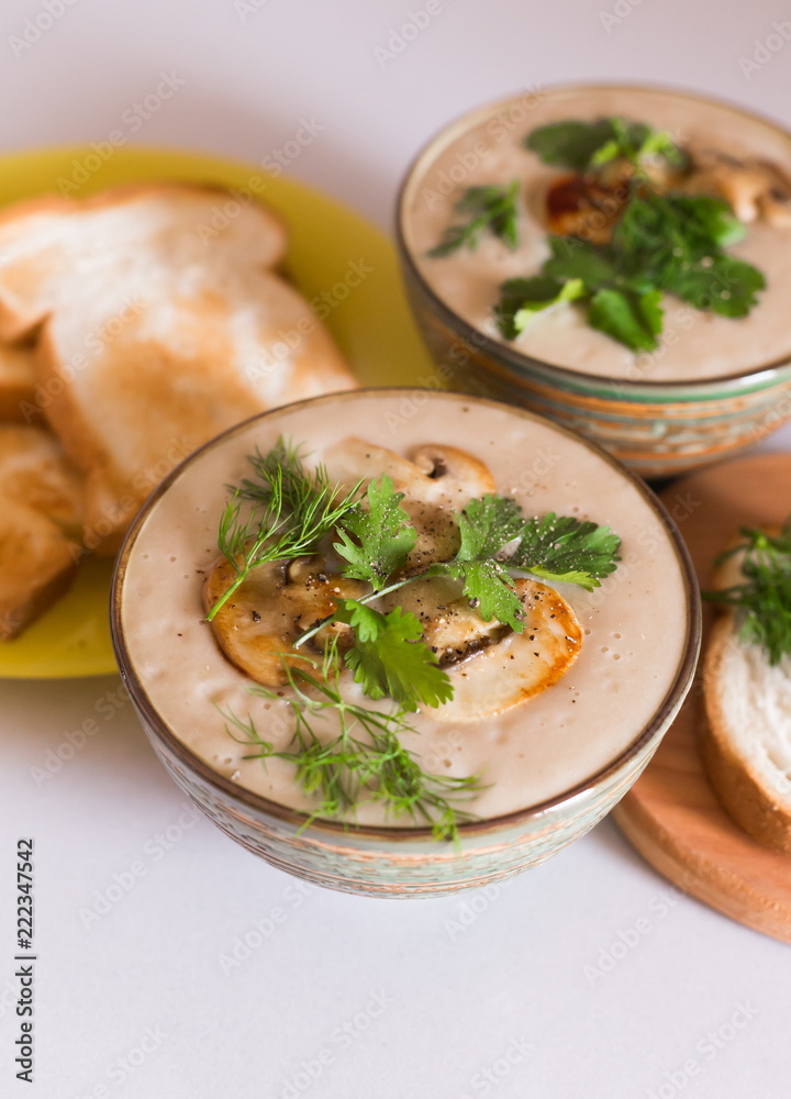 Food. Cream soup with сhampignon, greens, toasts Food. Cream soup with сhampignon, greens, toasts