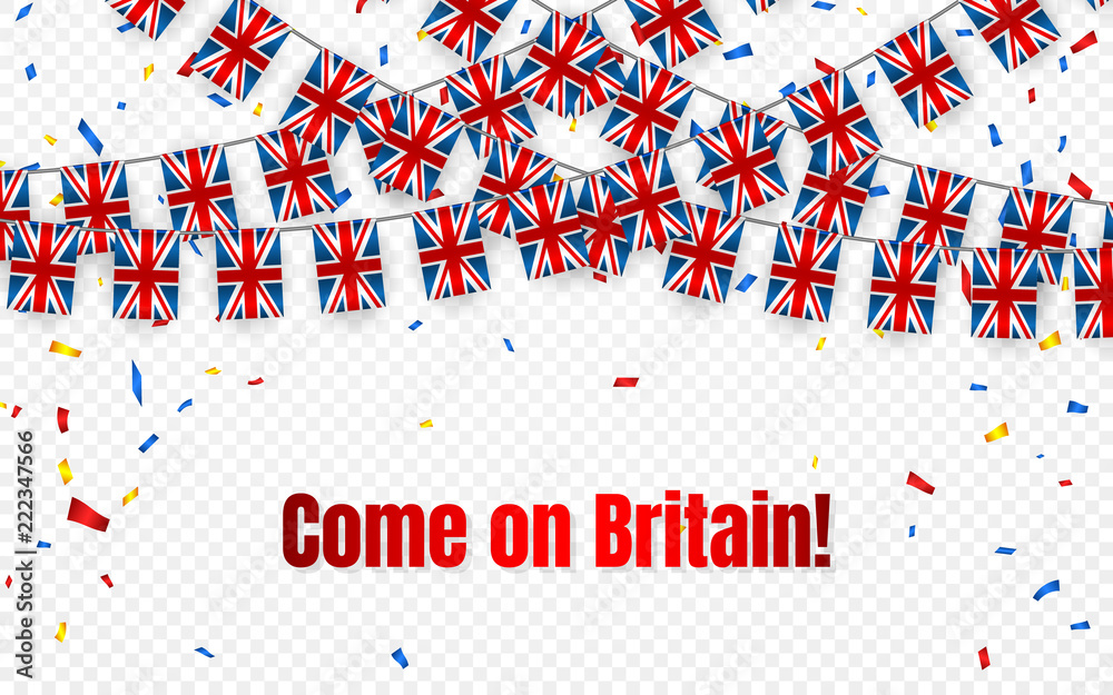 Obraz premium Britain garland flag with confetti on transparent background, Hang bunting for celebration template banner, Vector illustration