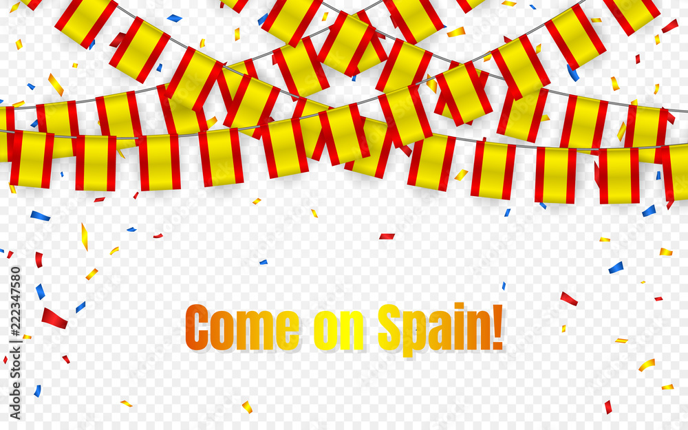 Spain garland flag with confetti on transparent background, Hang bunting for celebration template banner, Vector illustration