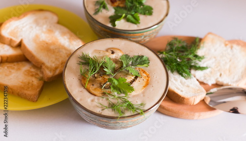 Food. Cream soup with сhampignon, greens, toasts