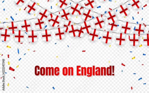 England garland flag with confetti on transparent background, Hang bunting for celebration template banner, Vector illustration