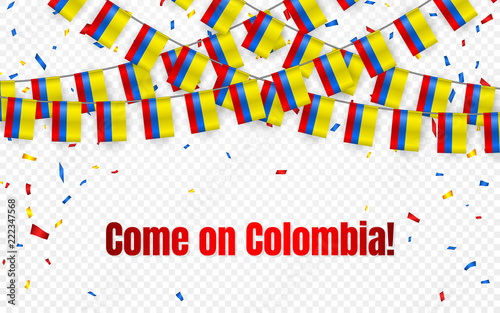 Colombia garland flag with confetti on transparent background, Hang bunting for celebration template banner, Vector illustration
