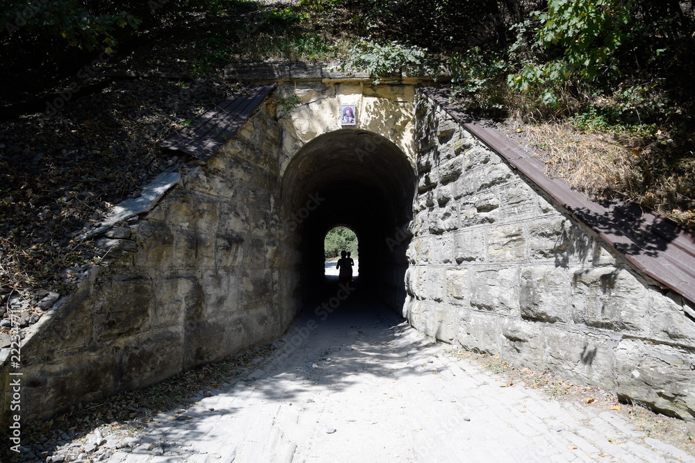 Fototapeta premium The girl enters the tunnel. Tunnel under the railway.