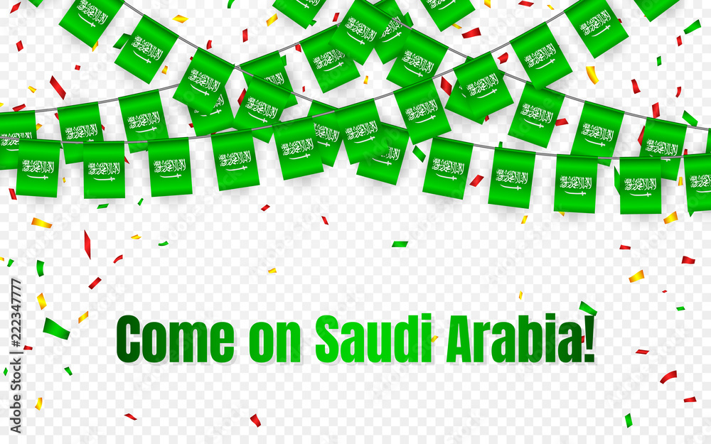 Saudi Arabia garland flag with confetti on transparent background, Hang bunting for celebration template banner, Vector illustration