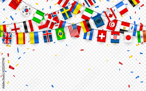Colorful flags garland of different countries of the europe and world with confetti. Festive garlands of the international pennant. Bunting wreaths. Vector banner for celebration party, conference photo