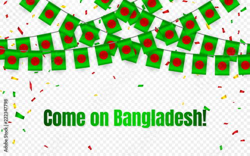 Fototapeta Naklejka Na Ścianę i Meble -  Bangladesh garland flag with confetti on transparent background, Hang bunting for celebration template banner, Vector illustration