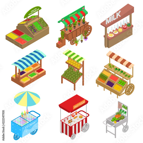 Vendor Food Street Signs 3d Icons Set Isometric View. Vector