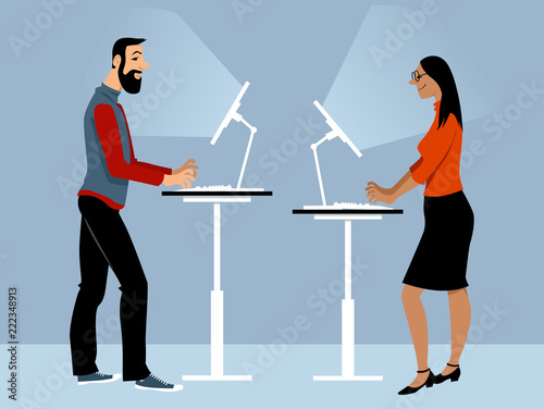 Male and female employee working in the office using adjustable standing desk, EPS 8 vector illustration