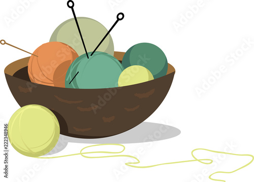 A bowl filled with yarn balls and knitting needles, isolated on white, EPS 8 vector illustration