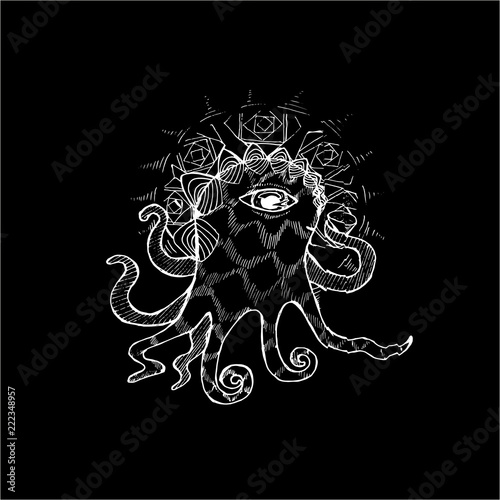 Black and white illustration of a fabulous octopus that drinks tea. Chalk on a blackboard