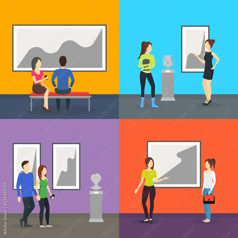 Cartoon Museum Visitors Banner Card Poster Set. Vector Cartoon Museum Visitors Banner Card Poster Set. Vector