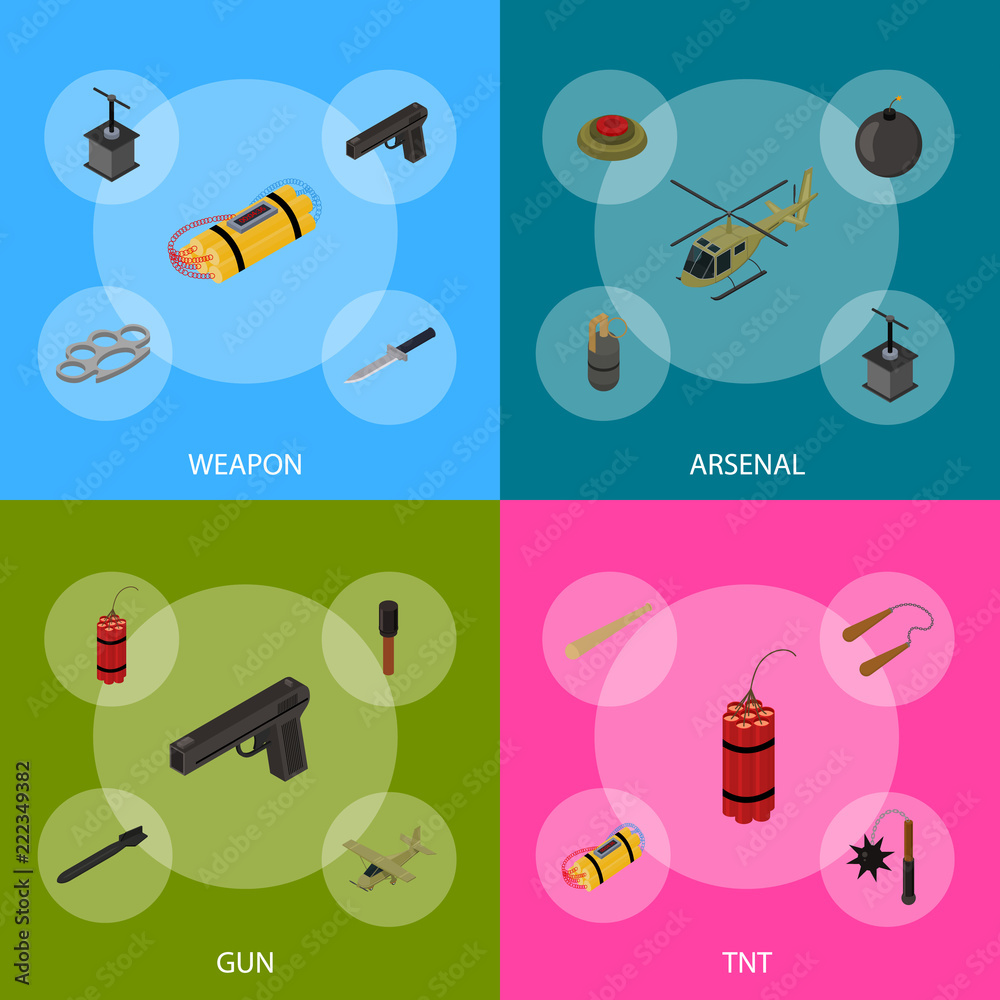 Weapons 3d Banner Set Isometric View. Vector