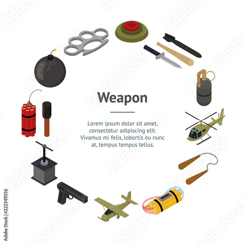 Weapons 3d Banner Card Circle Isometric View. Vector