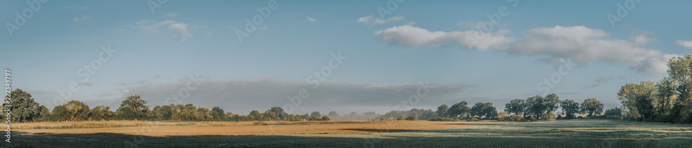 wide panorama of a landscape in the early morning at dawn in the mist and magical, mood light
