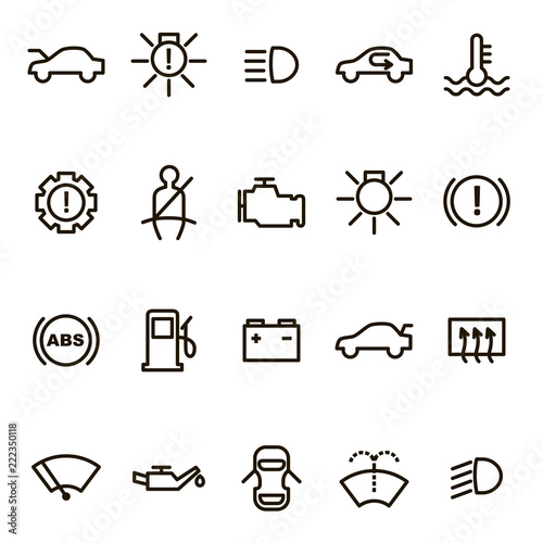 Car Dashboard Signs Black Thin Line Icon Set. Vector