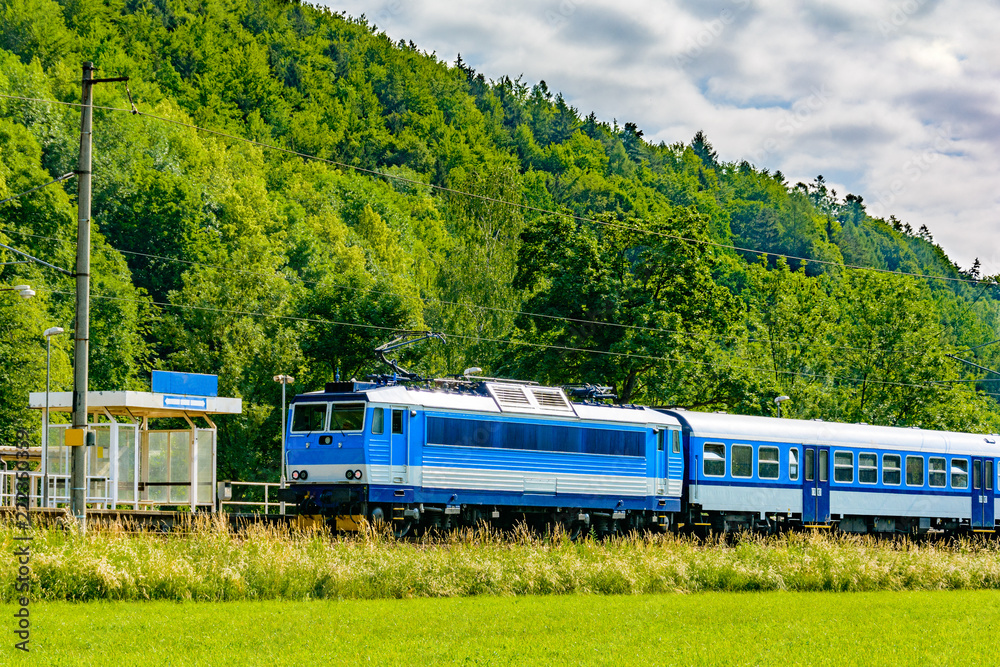 Obraz premium A blue electric locomotive passing the Czech countryside. A train running through the green valley. Rail transport in the Czech Republic. A sunny day on the railroad