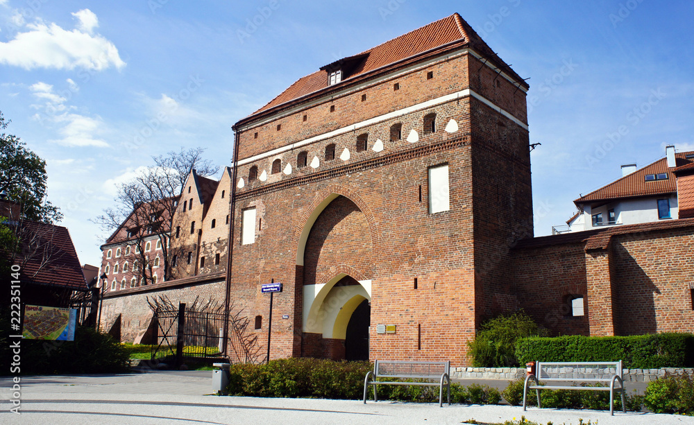 Red brick gothic Cloister Gate, defensive city wall, beautiful architecture, old town, sunny day, Torun, Poland