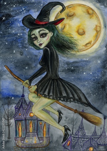 Halloween, broom, witch, moon, dark sky, stars
