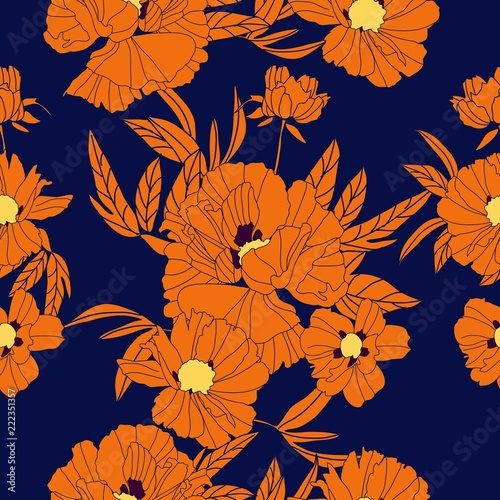 Floral seamless pattern with orangee peonies and leaves on blue background. Hand drawn illustration. photo