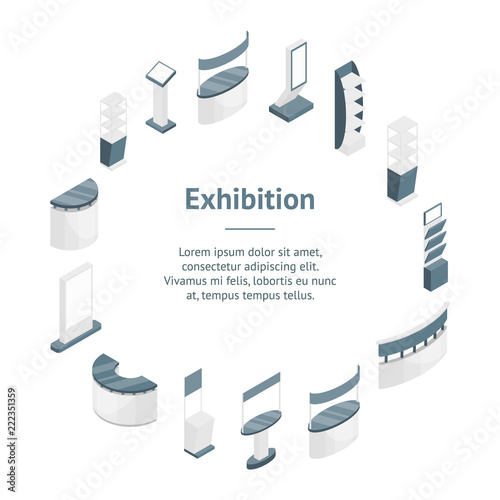 Exhibition Stands 3d Banner Card Circle Isometric View. Vector