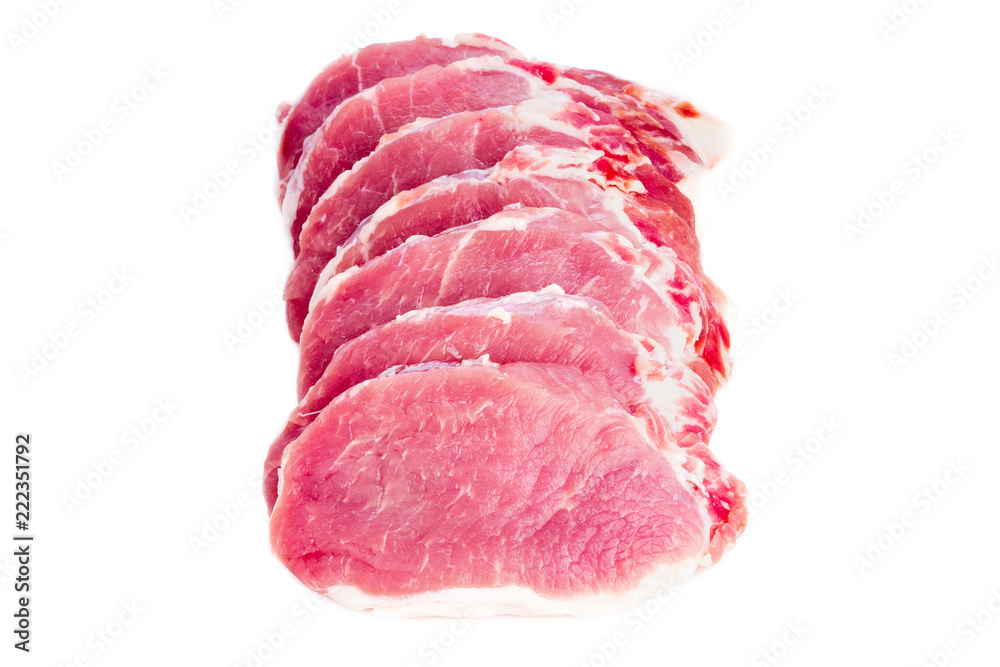pork meat slices loin on white background, top view