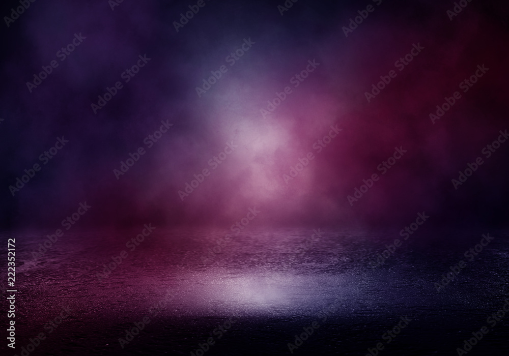 Background of an empty room with smoke and neon light. Dark purple abstract background