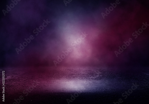 Background of an empty room with smoke and neon light. Dark purple abstract background