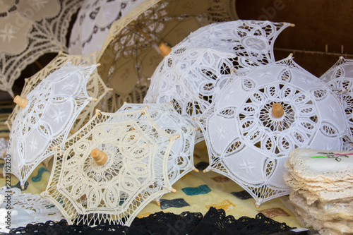 Small decorative lace umbrellas in a Maltese market