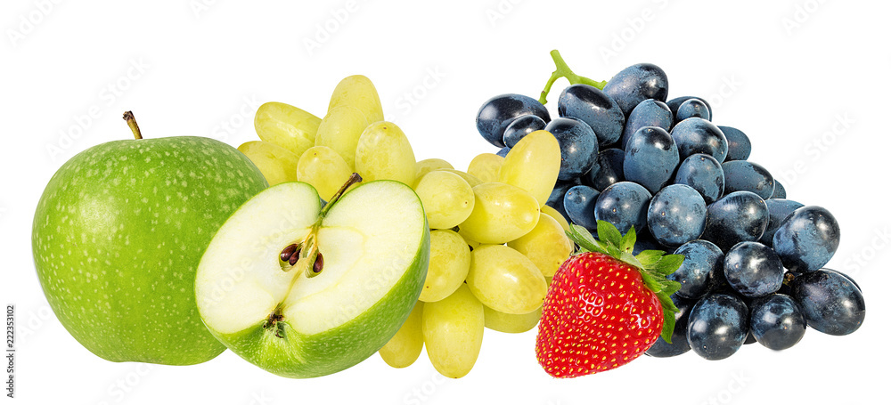 Fresh grapes apples, and strawberry isolated on white background with clipping pass Fresh grapes apples, and strawberry isolated on white background with clipping pass