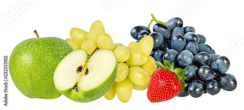 Fresh grapes apples, and strawberry isolated on white background with clipping pass
