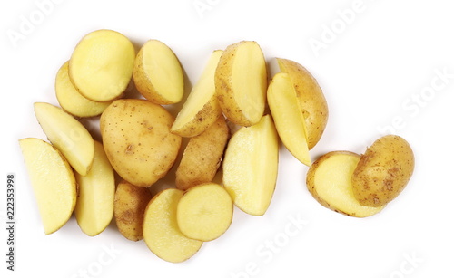 Fresh organic potato slices isolated on white background, top view