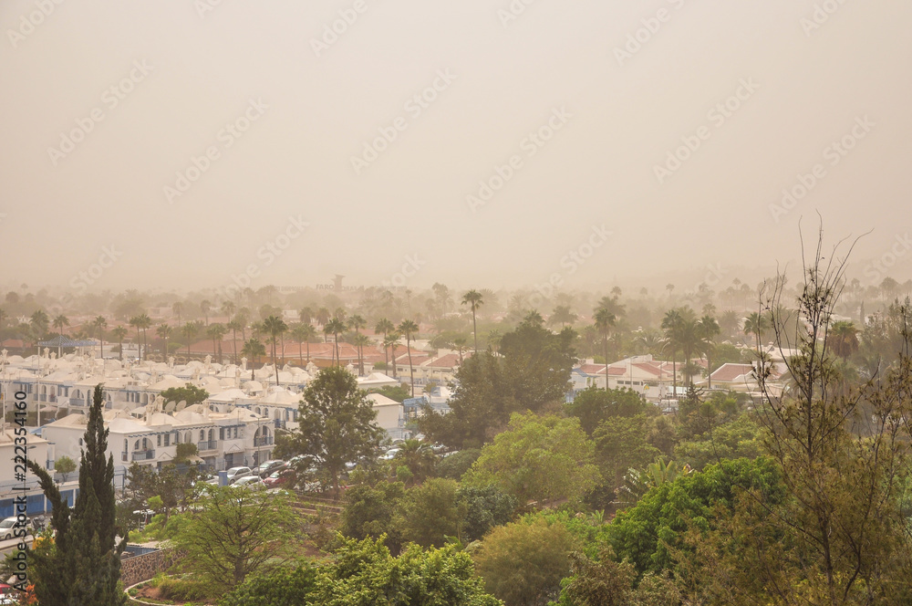 Severe sand storm - calima - wind from Sahara. South of Gran Canaria, Canary Islands, Spain