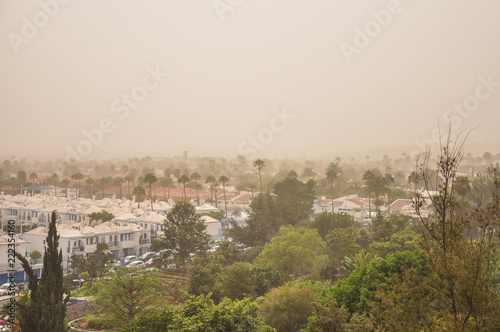 Severe sand storm - calima - wind from Sahara. South of Gran Canaria, Canary Islands, Spain